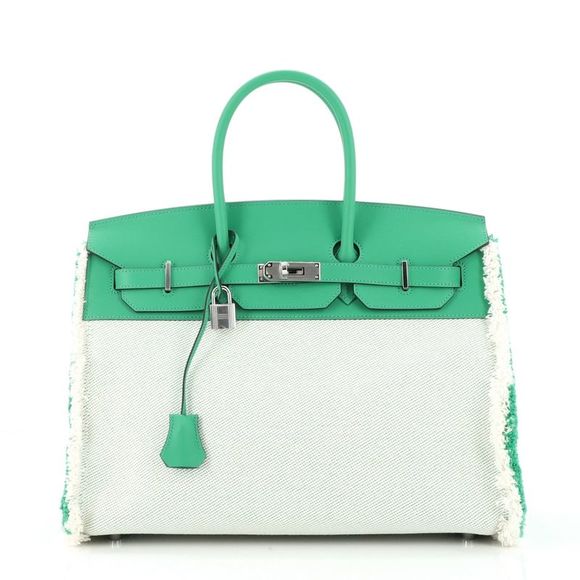 Hermes Handbags - Hermes Fray Fray Birkin Bag Toile and Swift 35 Green, Neutral